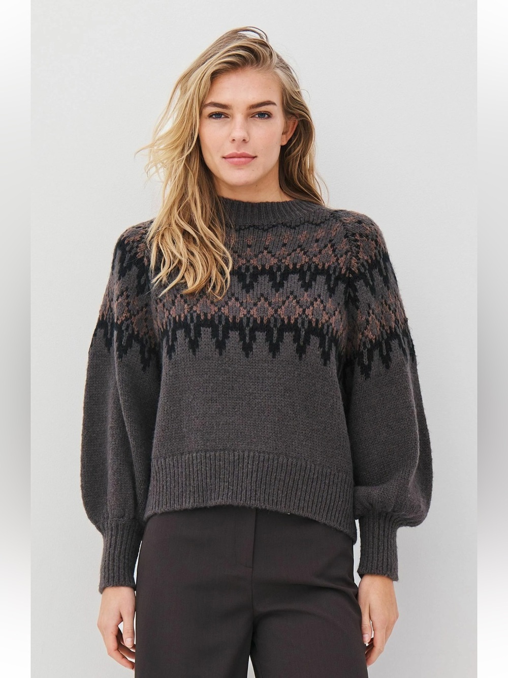 Women NU DENMARK NWT Alena dark grey knit sweater Fair Isle pattern-Sz Small